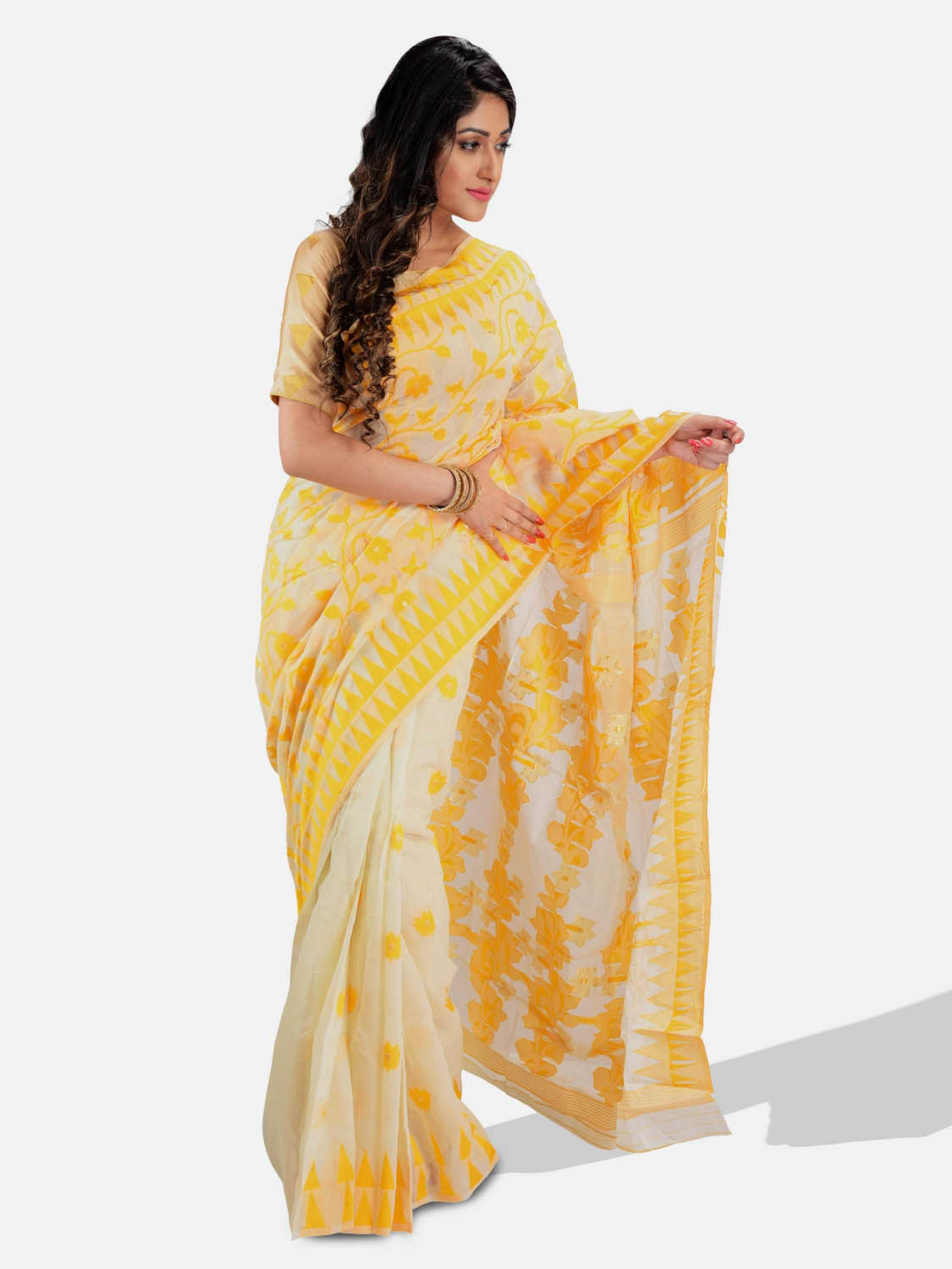 Women`s Handloom Soft Resham Dhakai jamdani Bengal Cotton Silk Tant Saree Whole Body Design with Blouse Pcs (Yellow White)